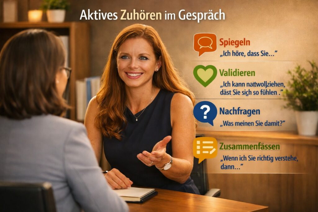 Aktives Zuhören bei schwierige Gespräche führen im Unternehmen. Bild KI generiert. Furchtbar - textliche Fehlerfreiheit wollte auch nach fünf Versuchen nicht gelingen...
